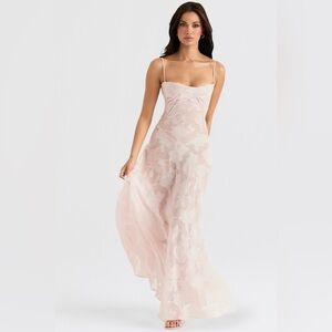 House of CB Seren blush sheer lace up back dress - Large